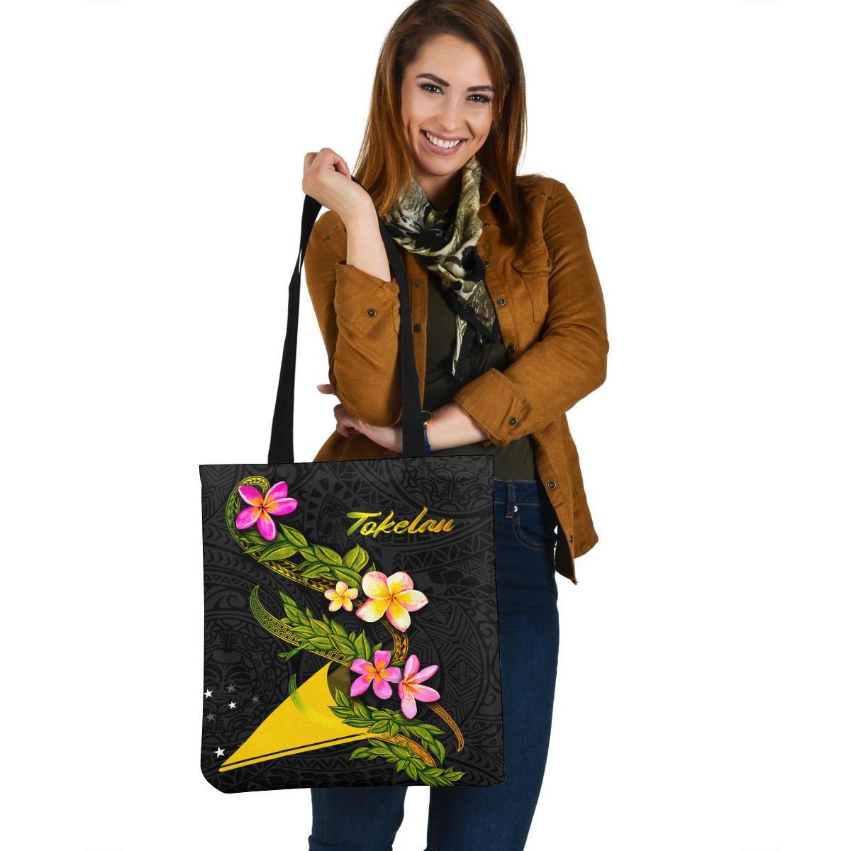 Tokelau Polynesian Tote Bag - Plumeria Tribal Tote Bag One Size Black - Polynesian Pride