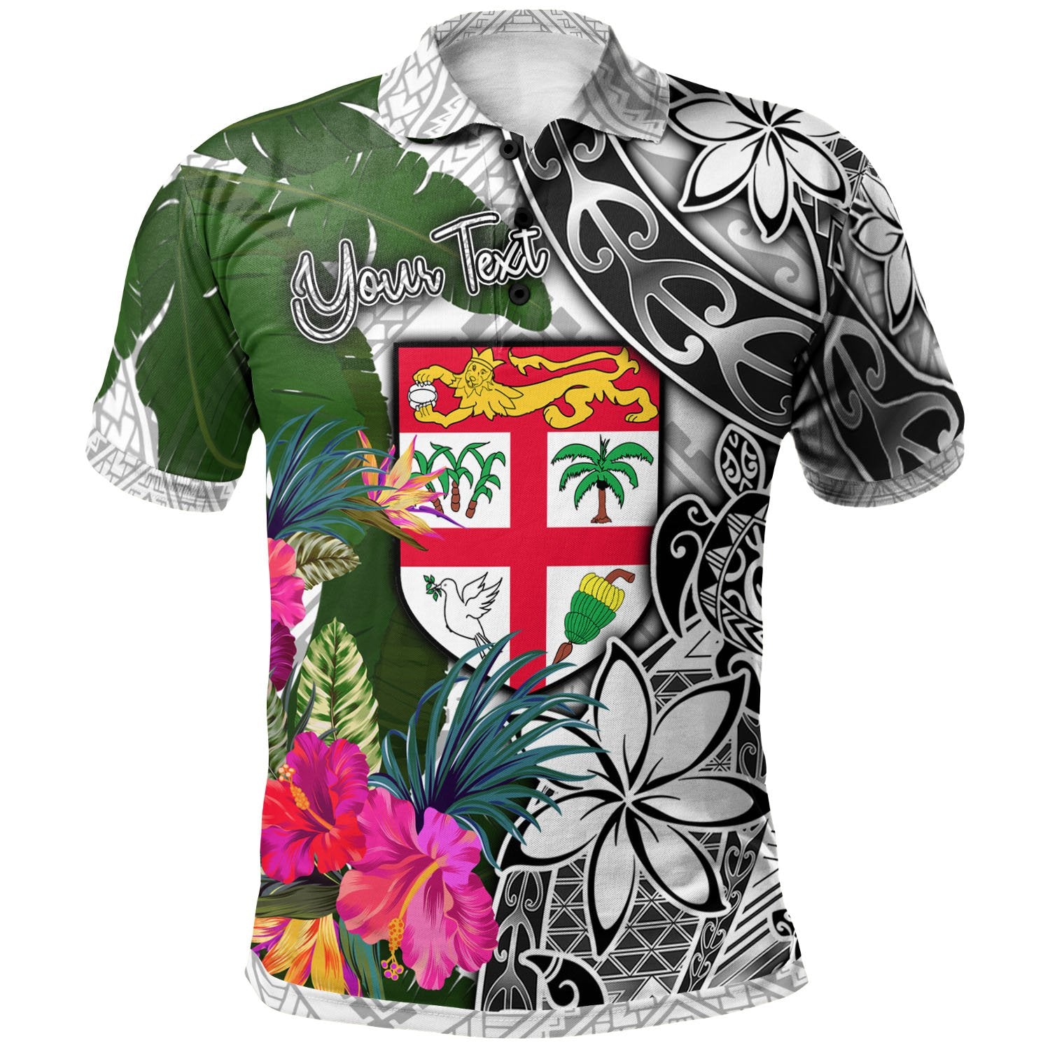 Fiji Custom Polo Shirt White Turtle Plumeria Banana Leaf Unisex White - Polynesian Pride