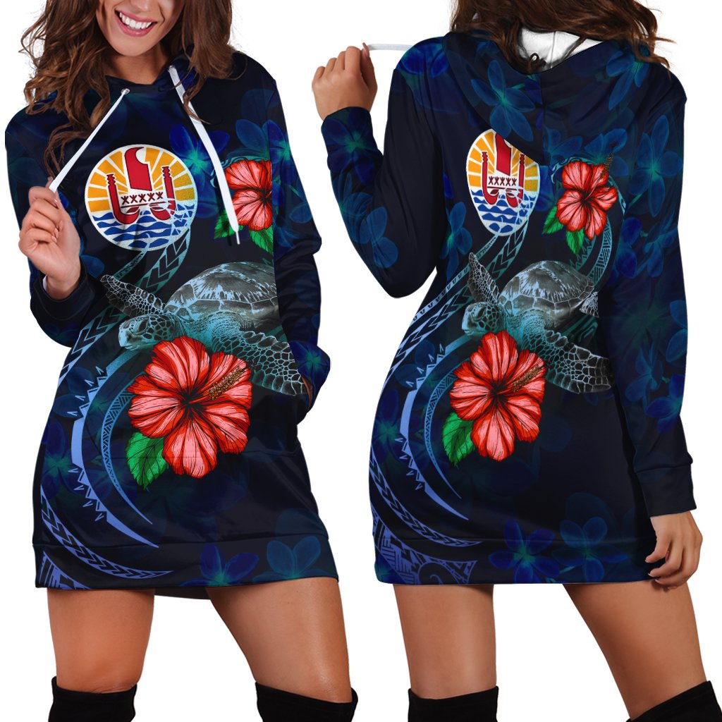 Tahiti Polynesian Hoodie Dress - Blue Turtle Hibiscus Blue - Polynesian Pride