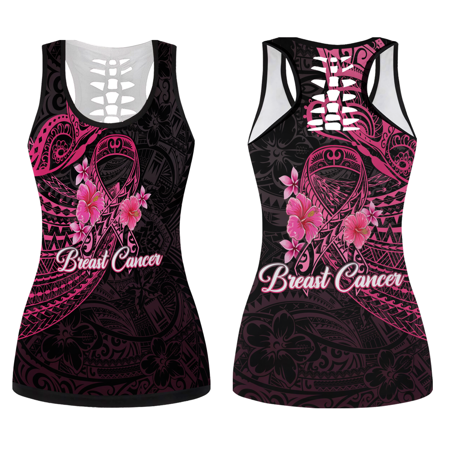 Breast Cancer Pink Ribbon Butterfly Polynesian Black Version Hollow Tank Top - LT12 Female Black - Polynesian Pride