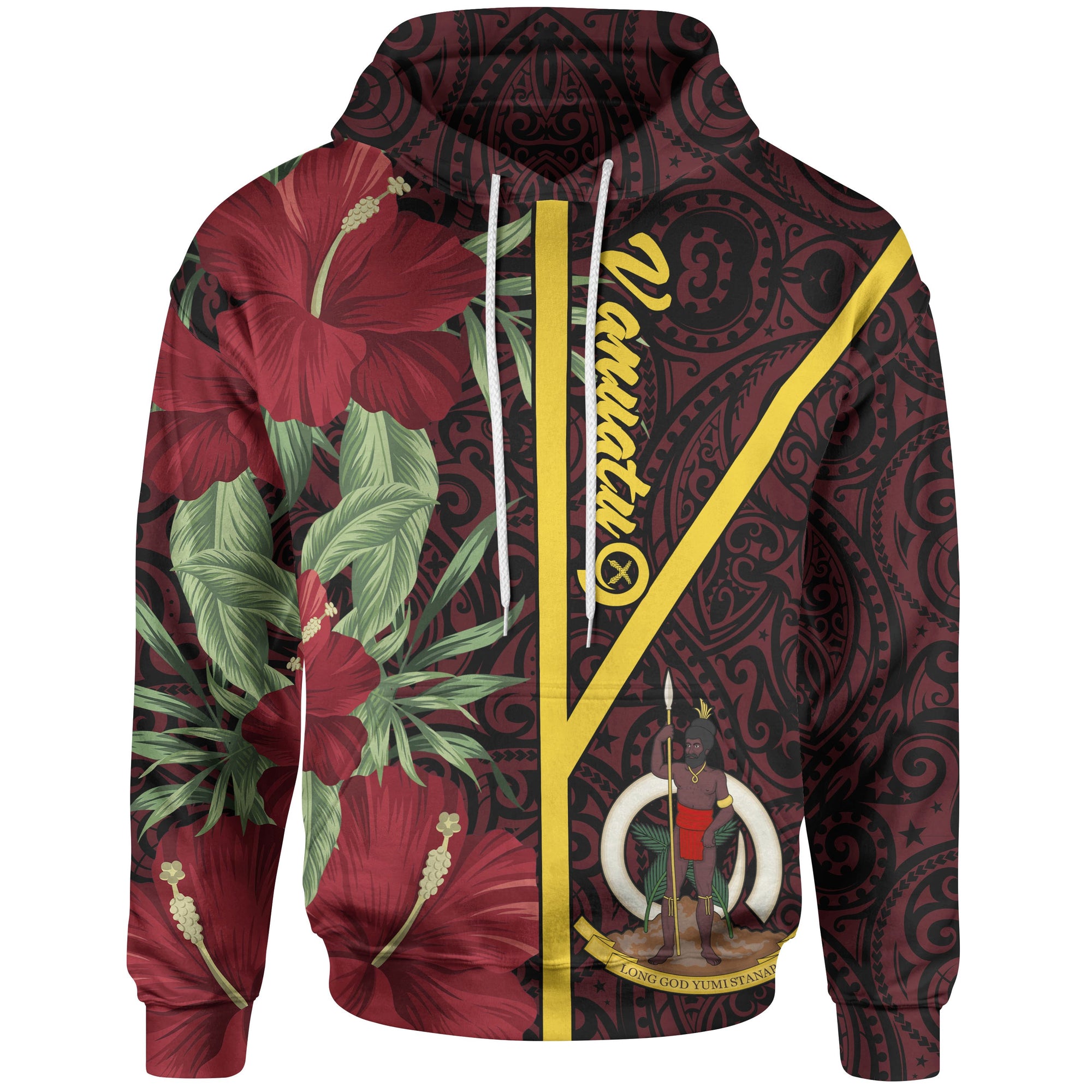 Vanuatu Polynesian Hoodie Tropical Flowers With Seal Unisex Red - Polynesian Pride