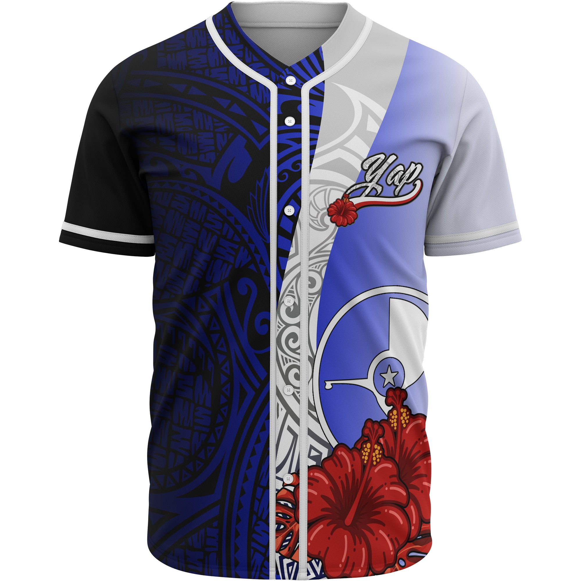 Yap Polynesian Baseball Shirt - Coat Of Arm With Hibiscus Blue Unisex Blue - Polynesian Pride