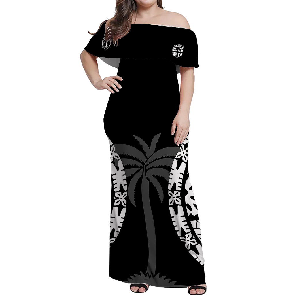 (Custom Personalised) Fiji Rugby Sevens Fijian Tapa Pattern Off Shoulder Long Dress - LT12 Long Dress Black - Polynesian Pride