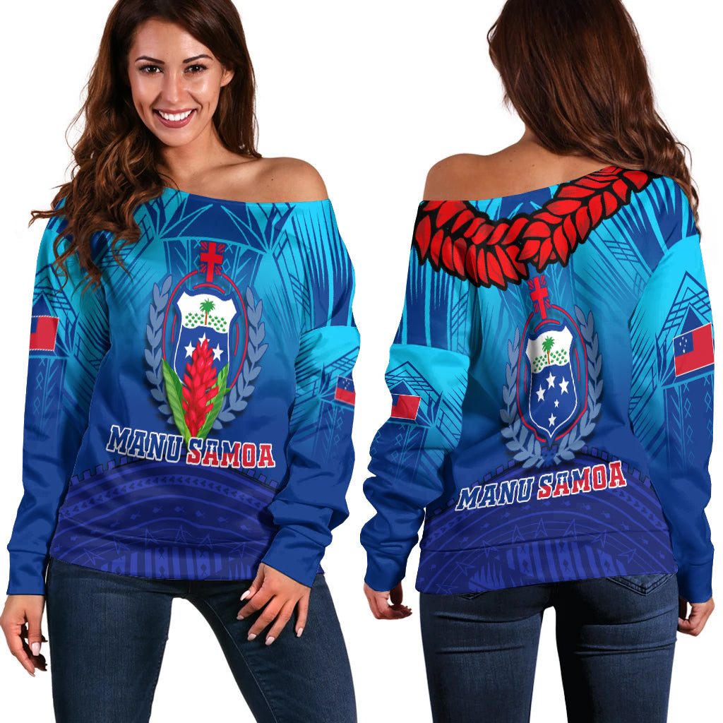 Manu Samoa Legend Women Off Shoulder Sweater - LT12 Women Blue - Polynesian Pride