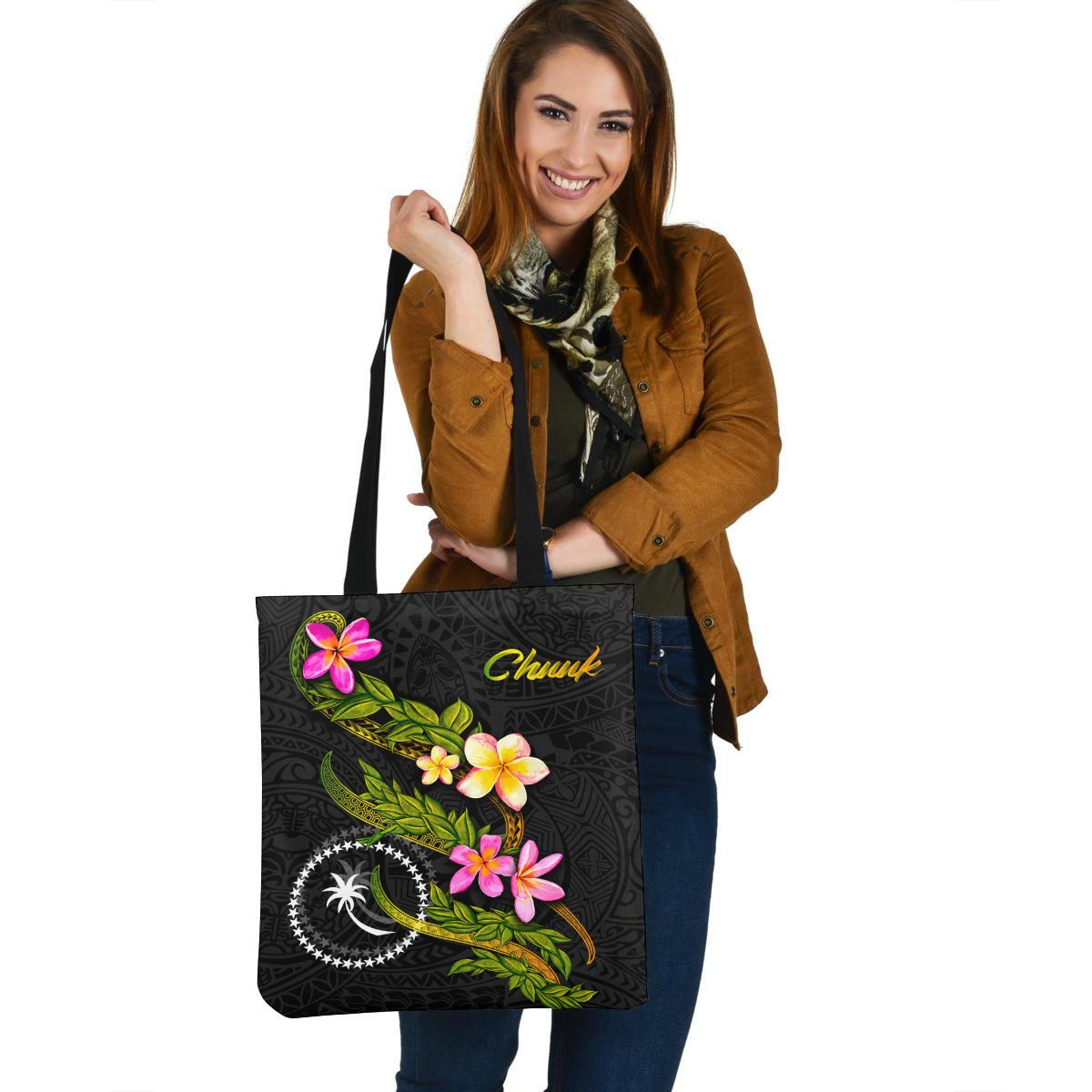 Chuuk Polynesian Tote Bag - Plumeria Tribal Tote Bag One Size Black - Polynesian Pride