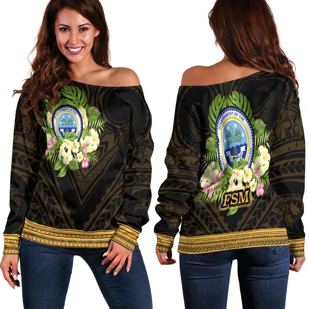 Federated States of Micronesia Women's Off Shoulder Sweater - Polynesian Gold Patterns Collection Black - Polynesian Pride