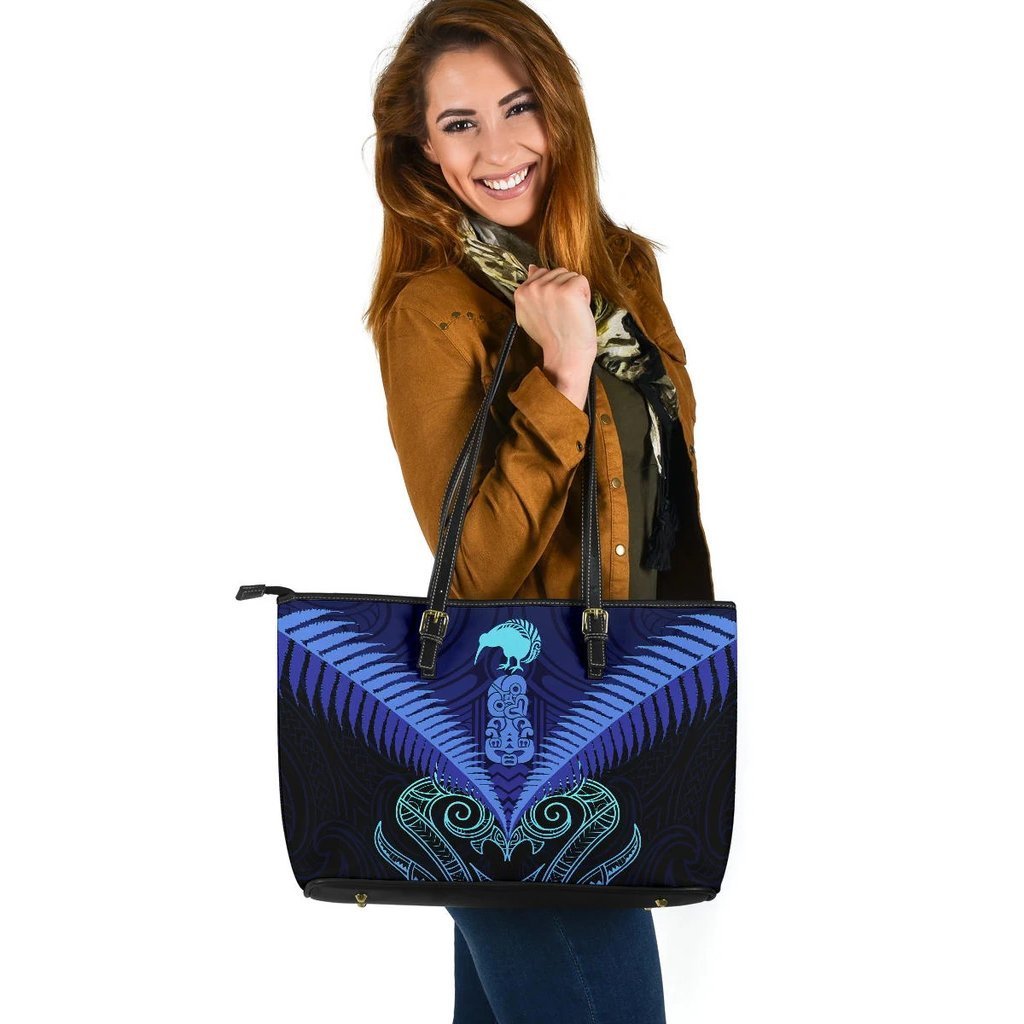 Maori Manaia New Zealand Large Leather Tote Blue Blue - Polynesian Pride