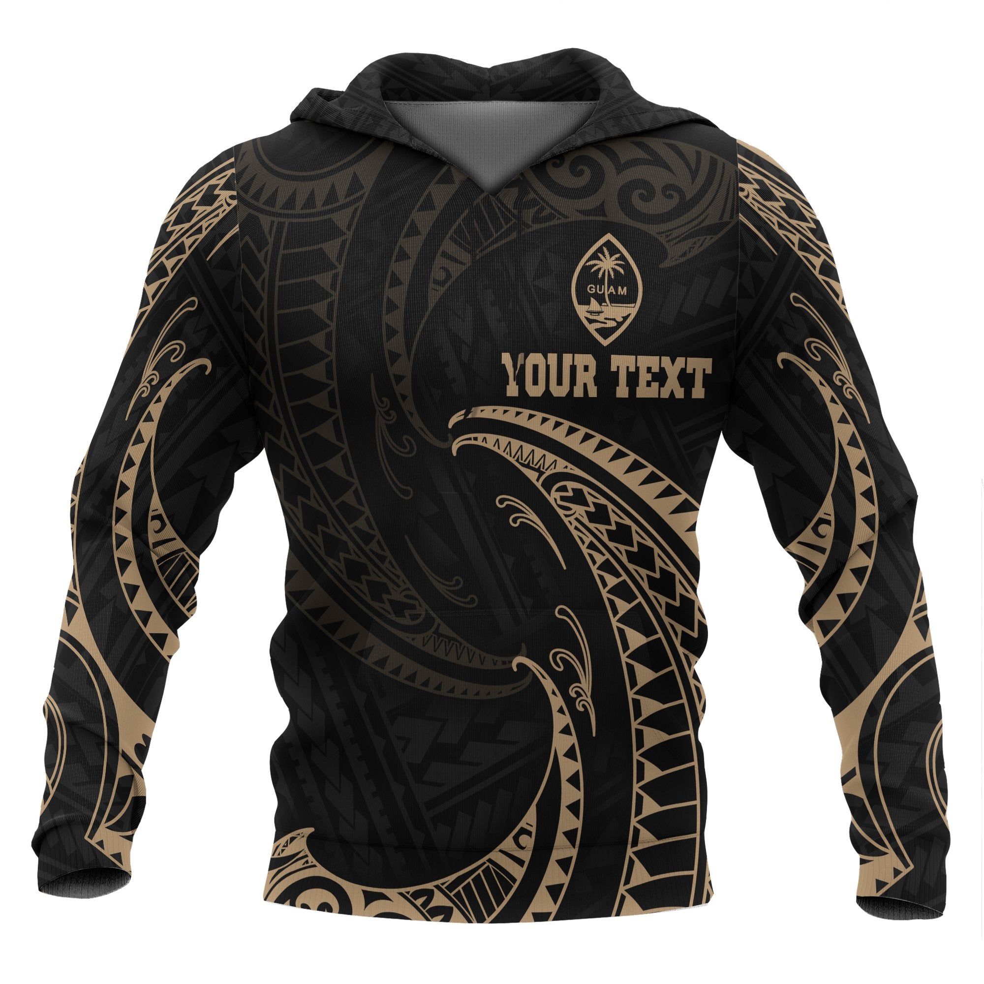 Guam Polynesian ll Over Custom Hoodie Gold Tribal Wave Unisex Black - Polynesian Pride