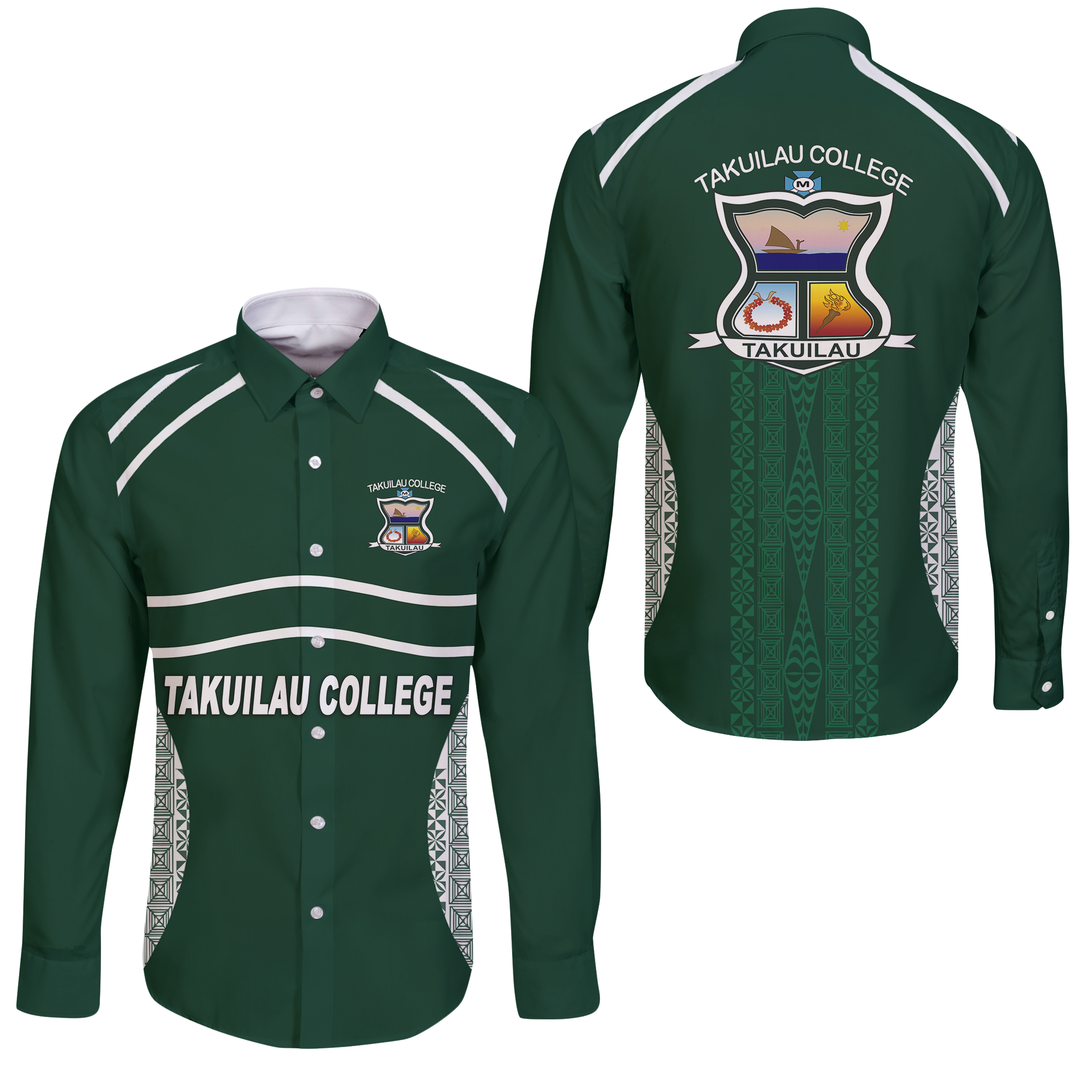 Takuilau College Tongan Patterns Long Sleeve Button Shirt - LT12 Unisex Green - Polynesian Pride