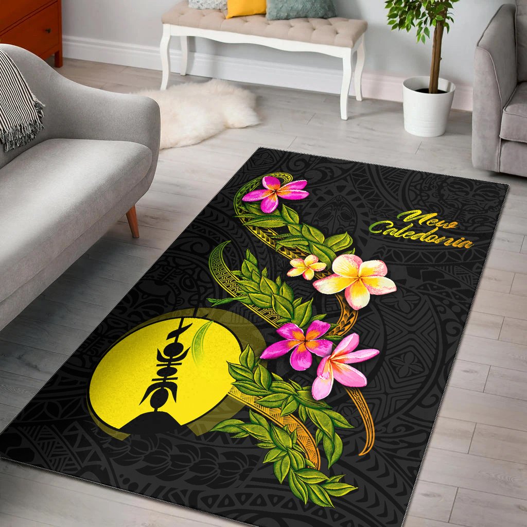 New Caledonia Polynesian Area Rug - Plumeria Tribal Black - Polynesian Pride