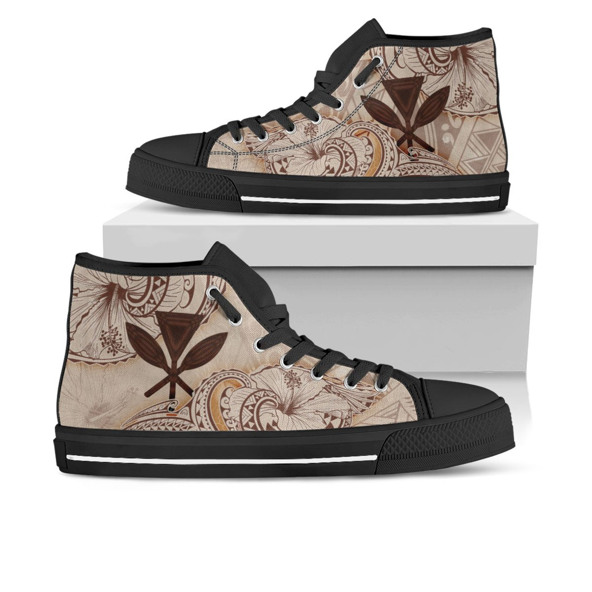 Hawaii Kanaka Maoli High Top Shoes - Hibiscus Flowers Vintage Style Unisex Black - Polynesian Pride