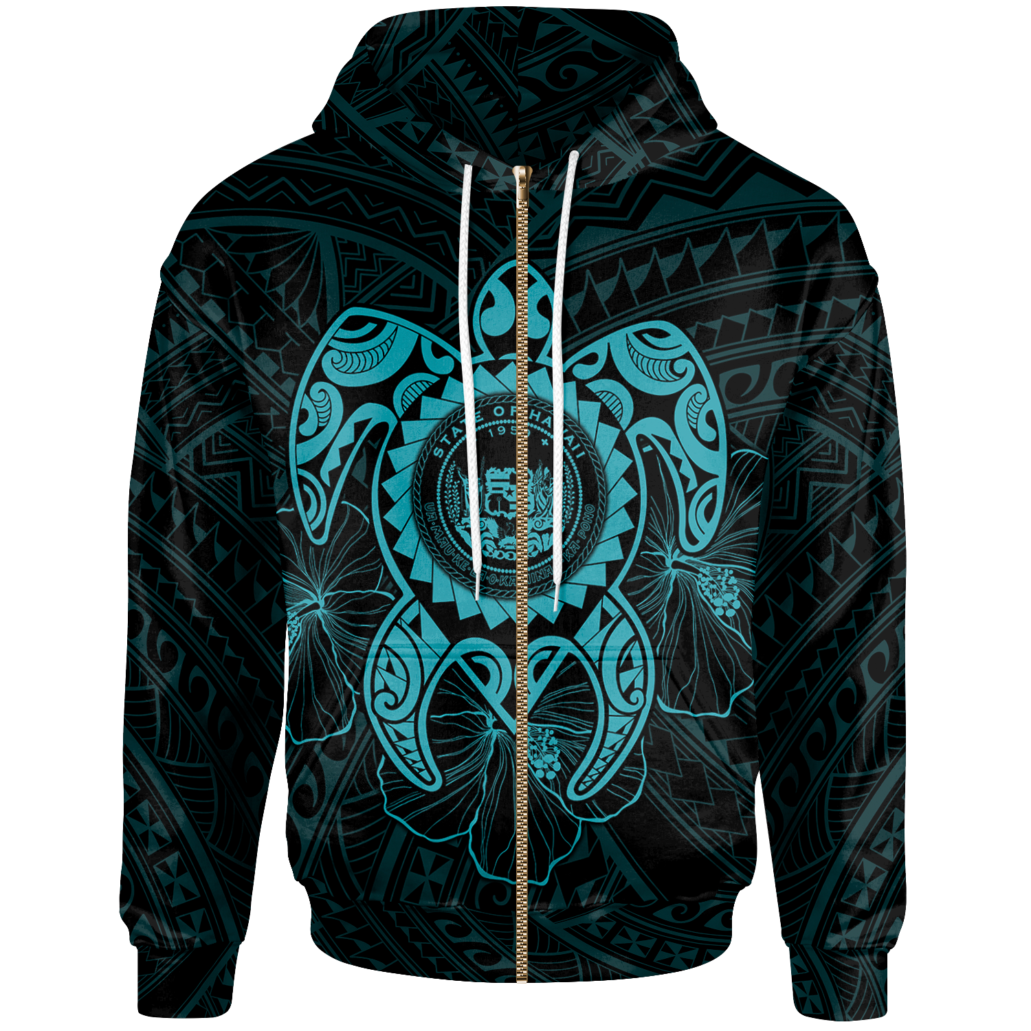 Hawaii Polynesian Zip up Hoodie Vintage Polynesian Turtle (Turquoise) Unisex Turquoise - Polynesian Pride