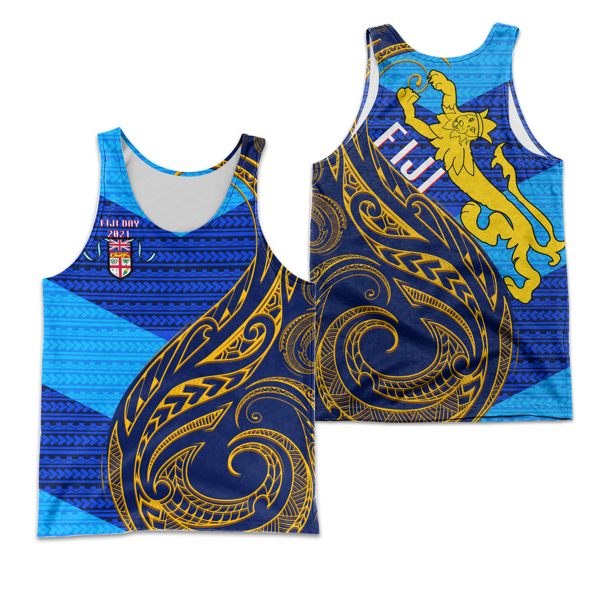 Fiji Men's Tank Top - Flag's Color With Gold Polynesian Pattern - LT20 Blue - Polynesian Pride