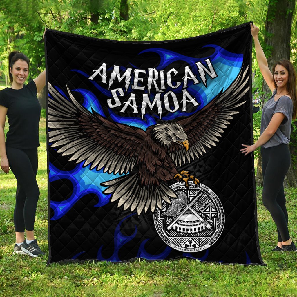 American Samoa Polynesian Premium Quilt - Eagle With Flame Blue Blue - Polynesian Pride