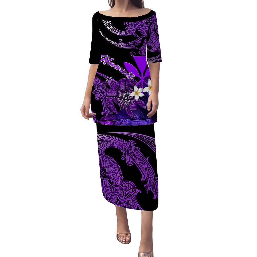 Hawaii Turtle With Plumeria Leaf Purple Puletasi Dress - LT12 Long Dress Black - Polynesian Pride