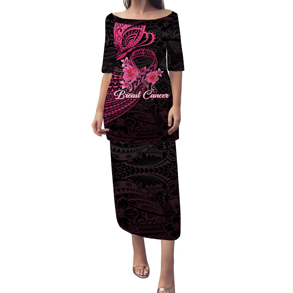 (Custom Personalised) Breast Cancer Pink Ribbon Butterfly Polynesian Black Version Puletasi Dress - LT12 Long Dress Black - Polynesian Pride