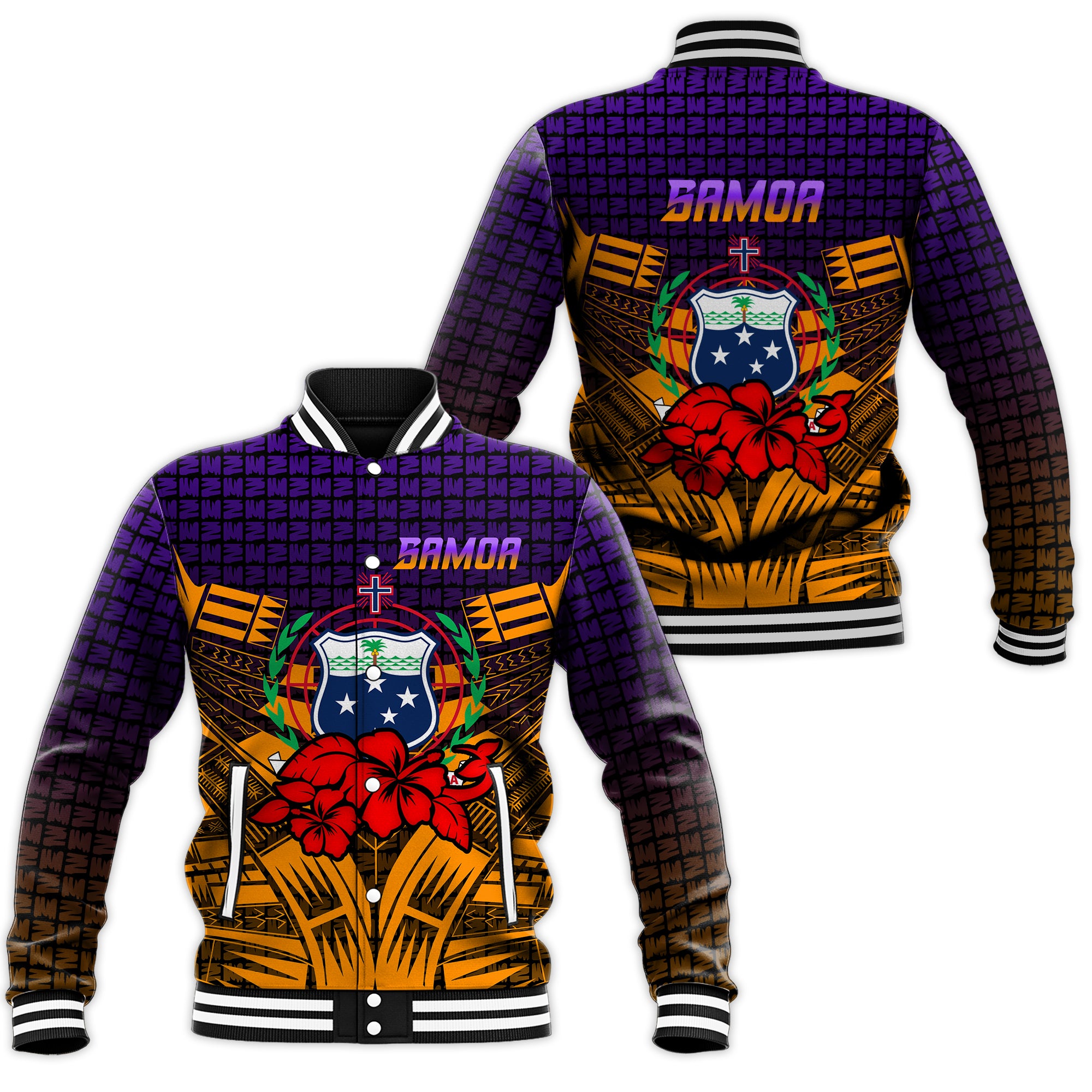 Samoa Baseball Jacket - Hibiscus With Tribal - LT12 Unisex Orange - Polynesian Pride