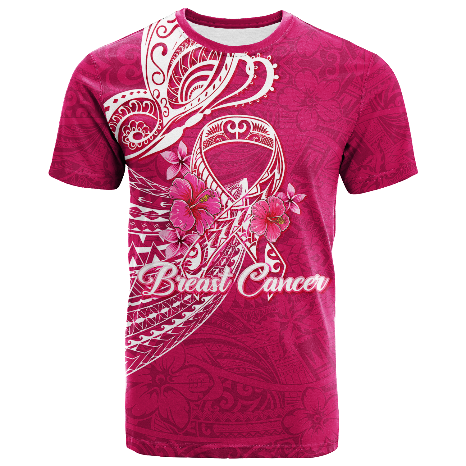 Breast Cancer Pink Ribbon Butterfly Polynesian Pink Version T Shirt LT12 Unisex Pink - Polynesian Pride