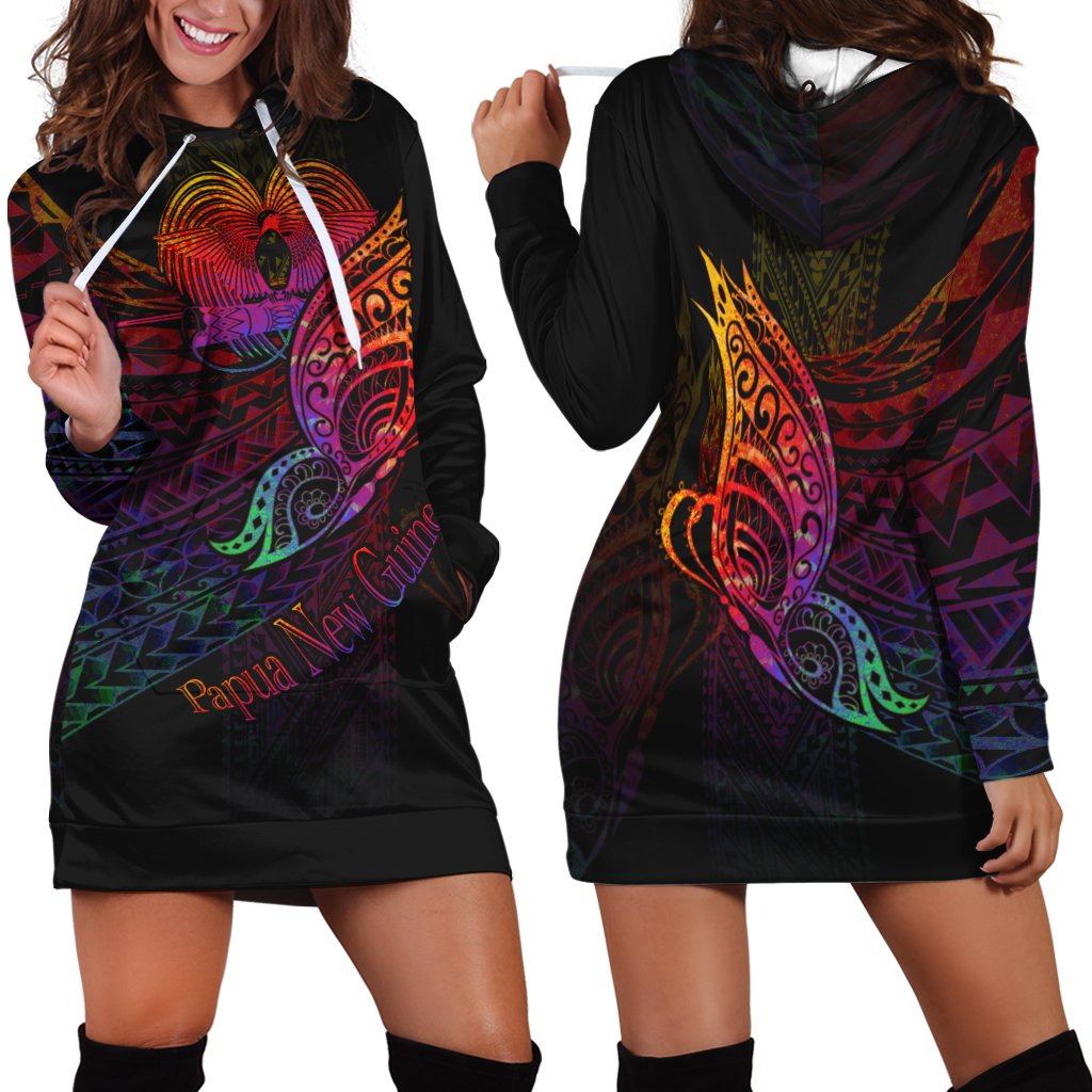 Papua New Guinea Hoodie Dress - Butterfly Polynesian Style Black - Polynesian Pride