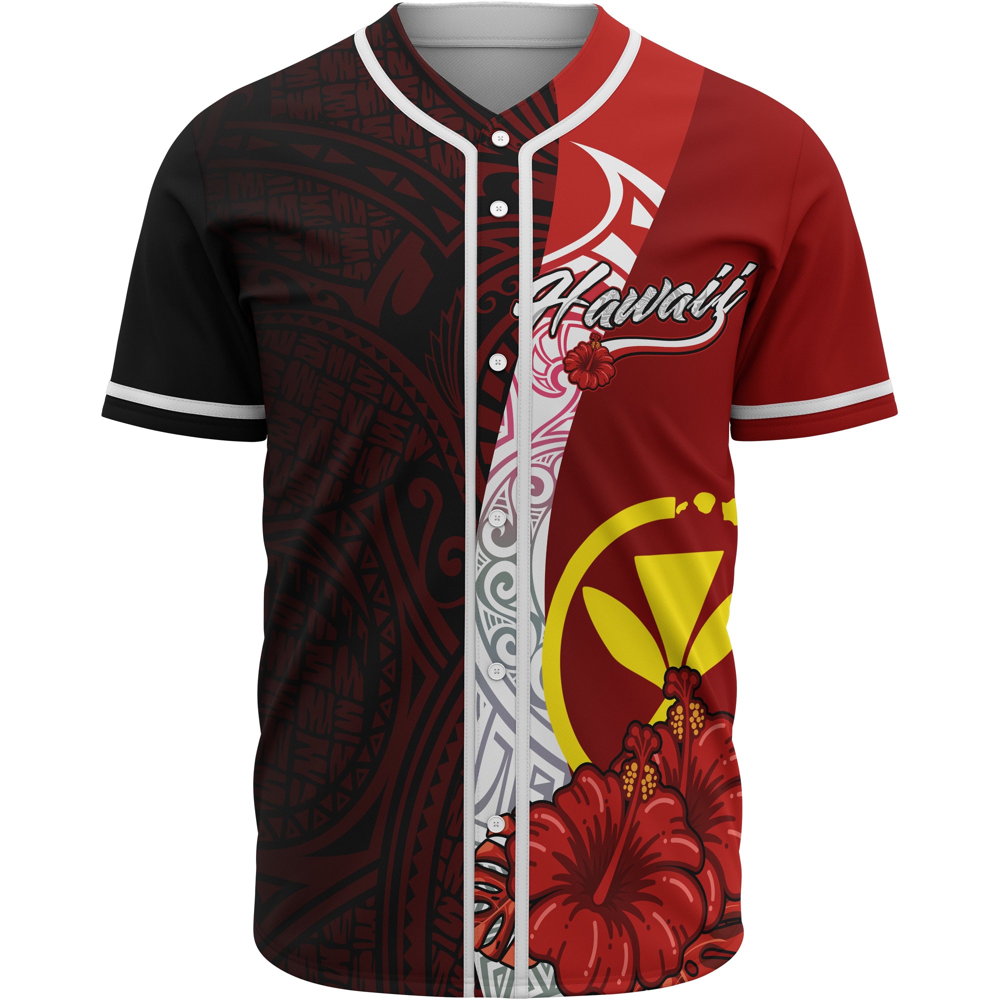 Hawaii Kanaka Maoli Polynesian Baseball Shirt - Coat Of Arm With Hibiscus Unisex Red - Polynesian Pride