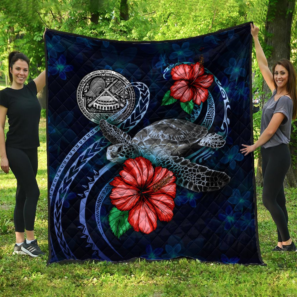 American Samoa Polynesian Premium Quilt - Blue Turtle Hibiscus Blue - Polynesian Pride