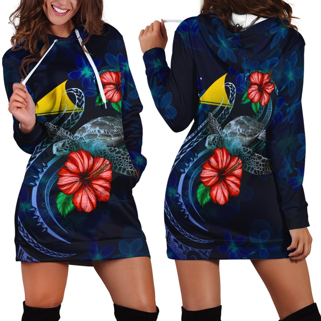 Tokelau Polynesian Hoodie Dress - Blue Turtle Hibiscus Blue - Polynesian Pride