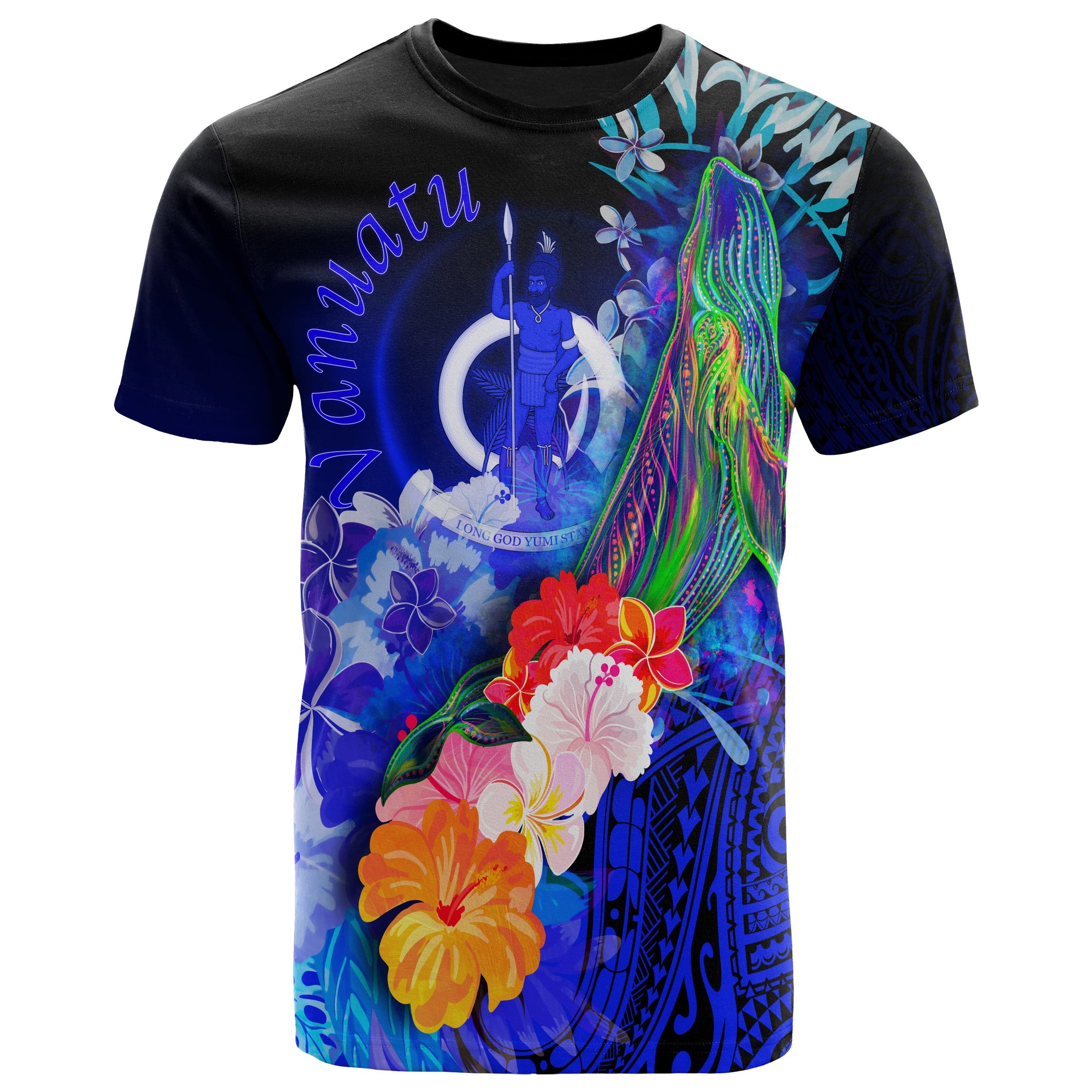 Vanuatu T Shirt Humpback Whale with Tropical Flowers (Blue) Unisex Blue - Polynesian Pride