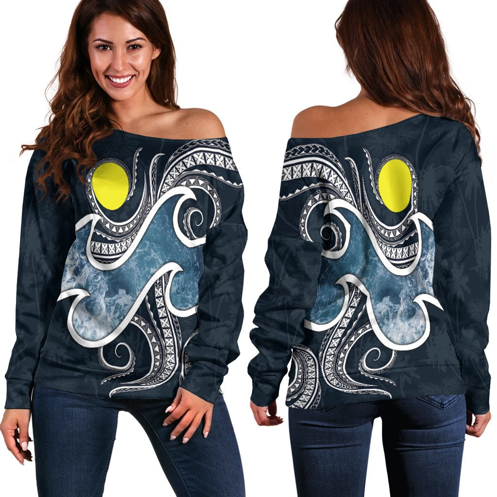 Palau Polynesian Women's Off Shoulder Sweater - Ocean Style Blue - Polynesian Pride