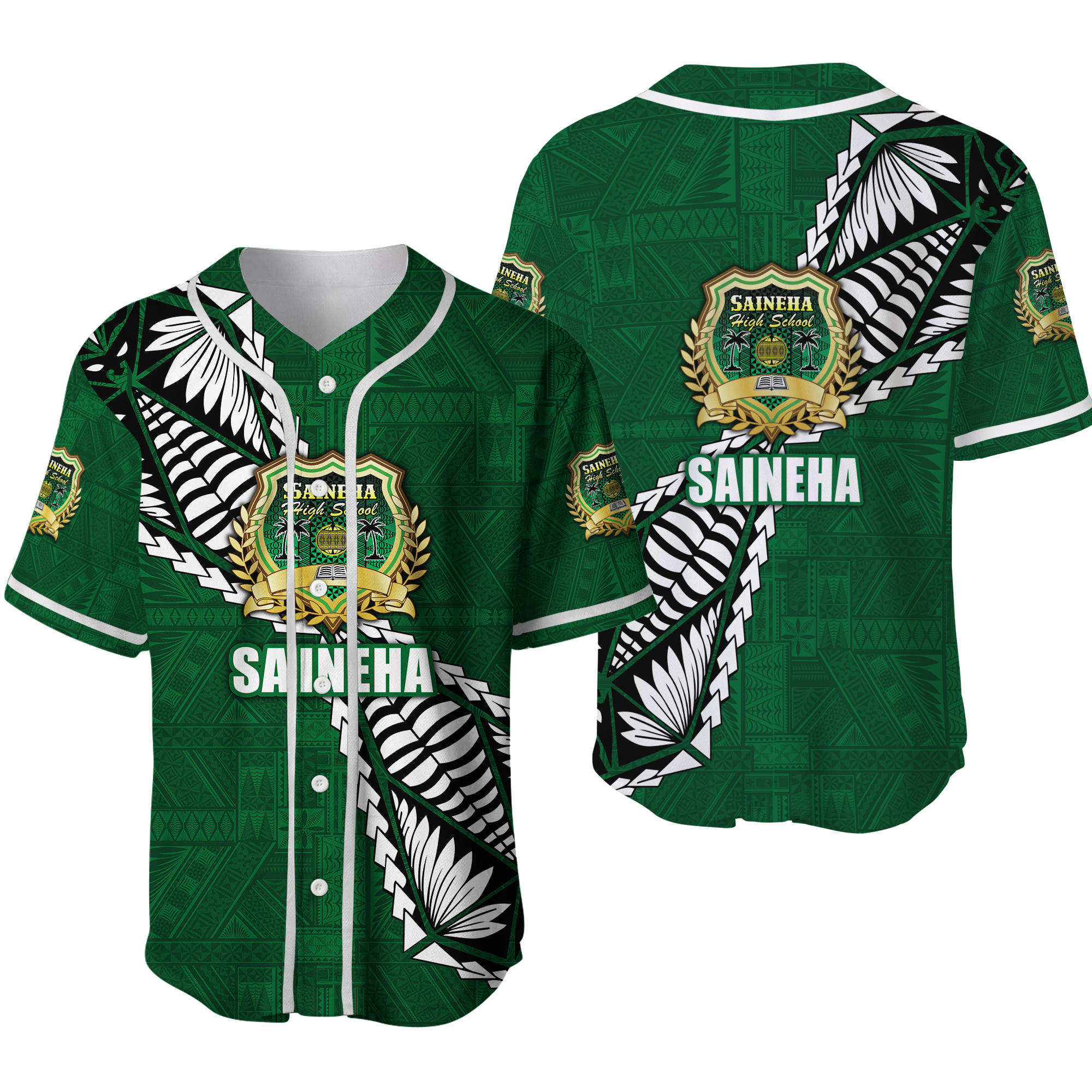 Tonga Saineha High School Tongan Patterns Baseball Jersey - LT12 Unisex Green - Polynesian Pride