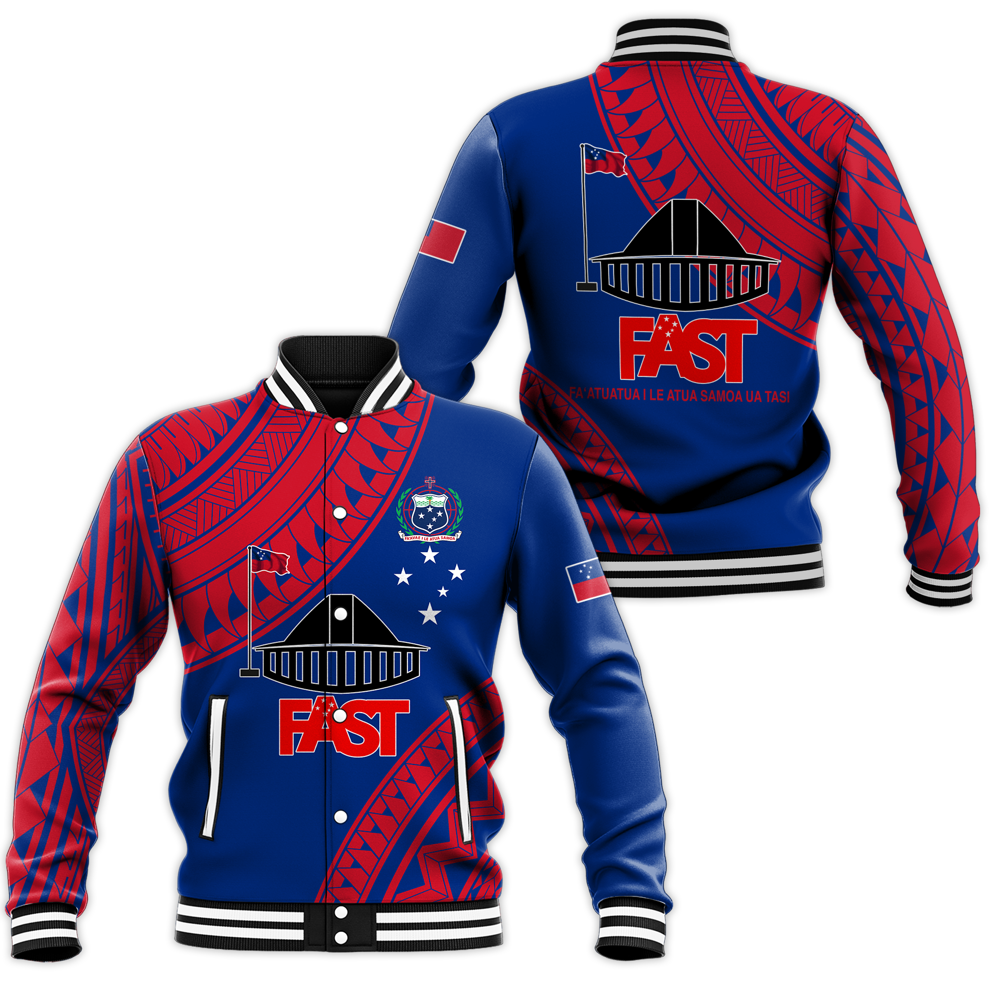 F.A.S.T Samoa Baseball Jacket - Samoan Pattern - LT12 Unisex Blue - Polynesian Pride