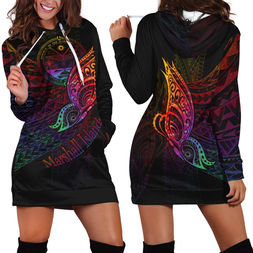 Marshall Islands Hoodie Dress - Butterfly Polynesian Style Black - Polynesian Pride