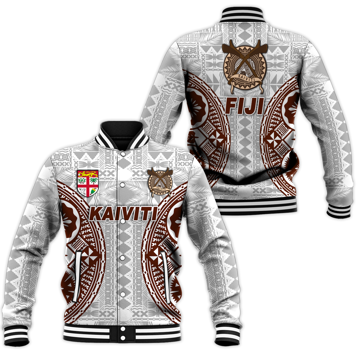 Fiji Kaiviti Tapa Pattern Baseball Jacket - LT12 Unisex White - Polynesian Pride