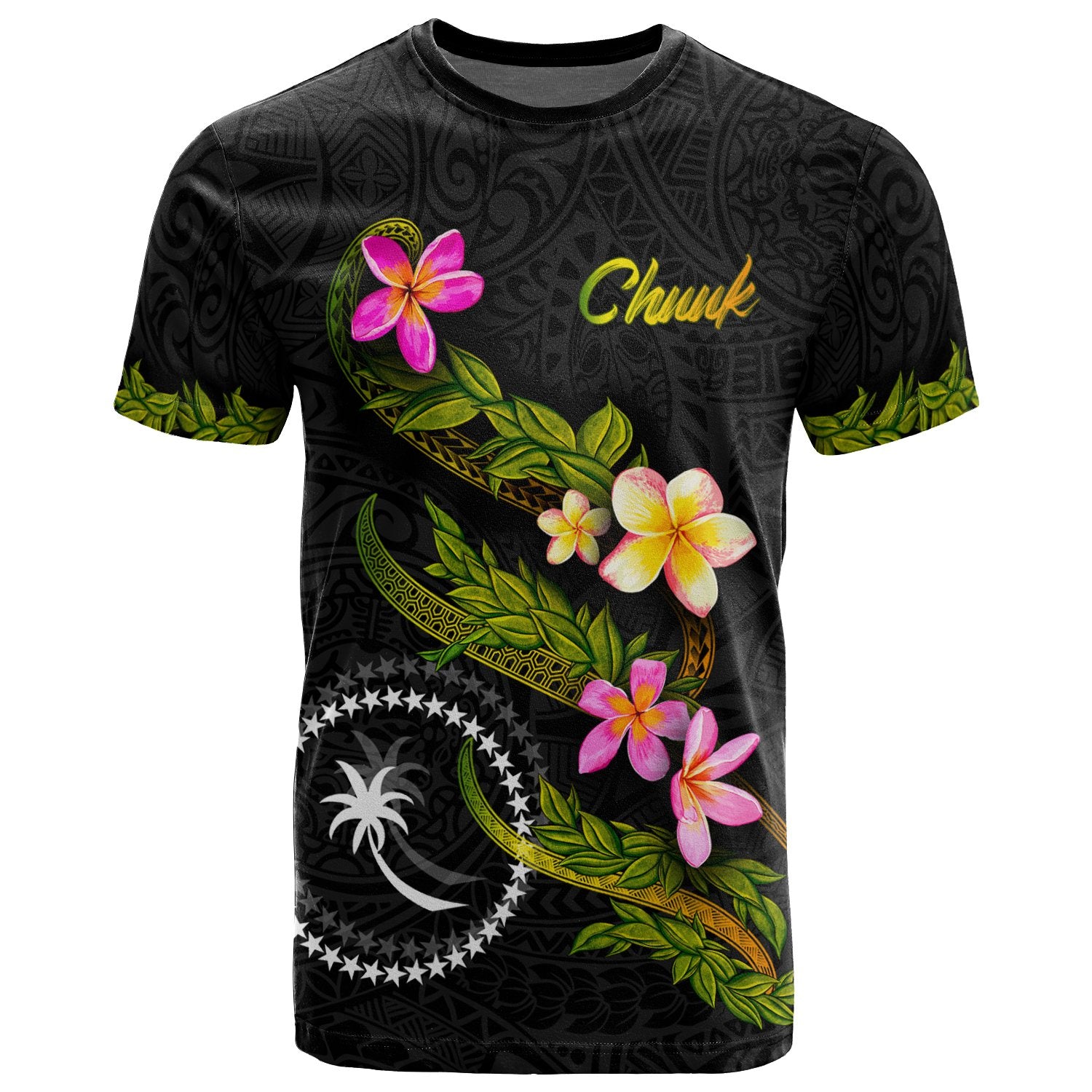 Chuuk Polynesian T Shirt Plumeria Tribal Unisex Black - Polynesian Pride