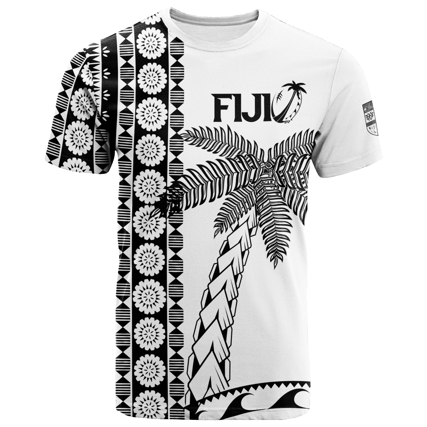 Custom Fiji Rugby T Shirt Coconut Tree With Tapa Pattern LT12 White - Polynesian Pride