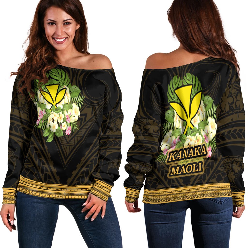 Hawaii Kanaka Maoli Women's Off Shoulder Sweater - Polynesian Gold Patterns Collection Black - Polynesian Pride