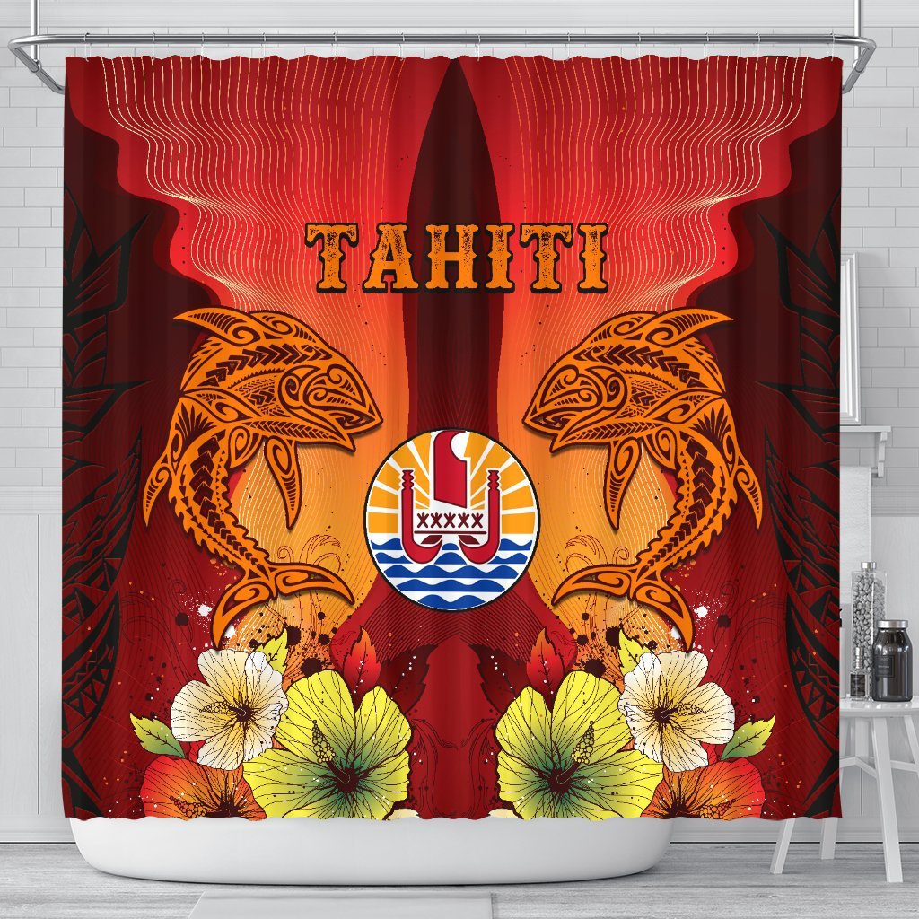 Tahiti Shower Curtains - Tribal Tuna Fish 177 x 172 (cm) Orange - Polynesian Pride