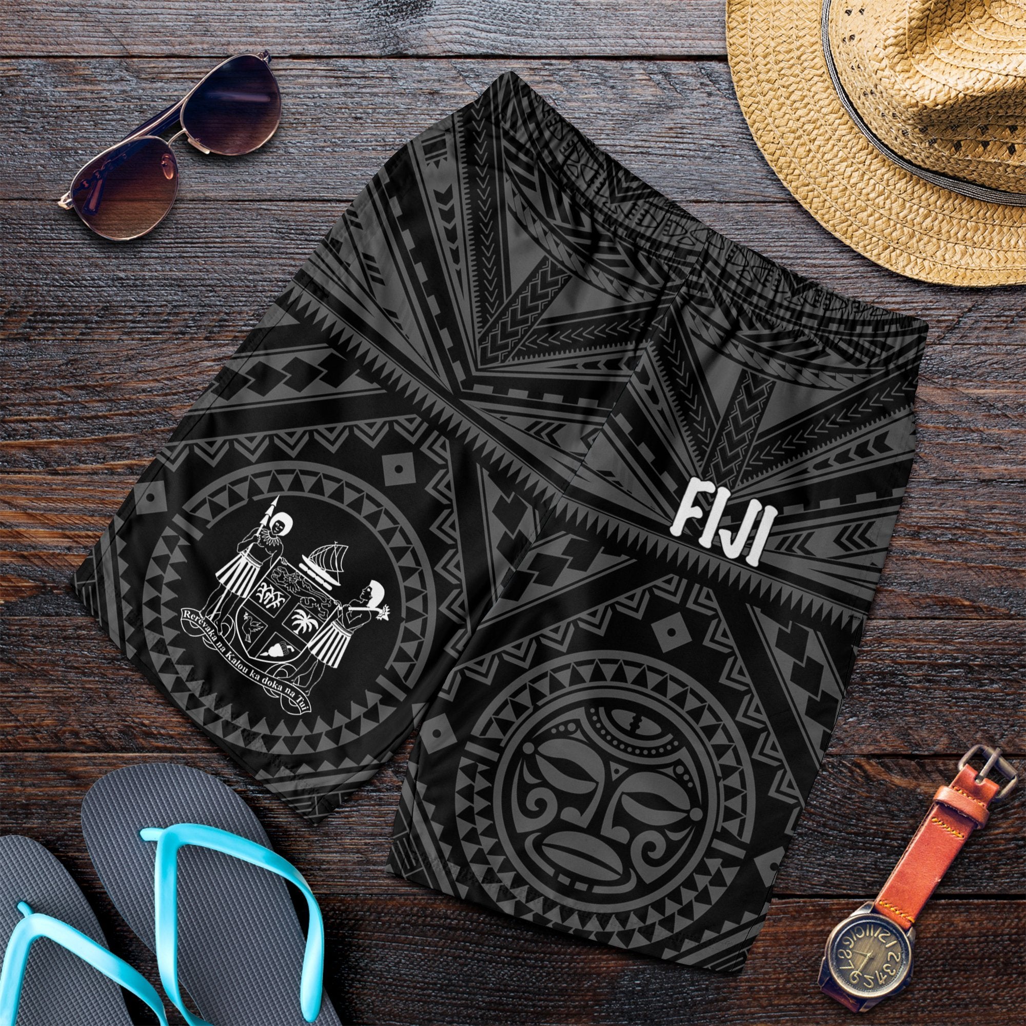 Fiji Men's Short - Fiji Seal With Polynesian Tattoo Style (Black) - Polynesian Pride