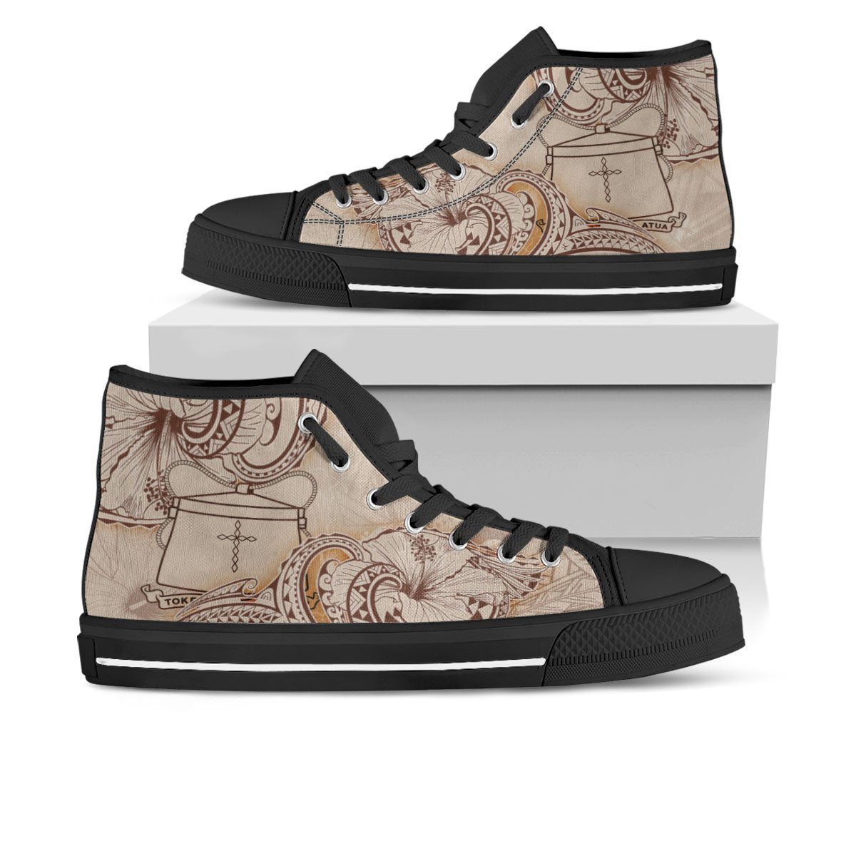 Tokelau High Top Shoes - Hibiscus Flowers Vintage Style Unisex Black - Polynesian Pride