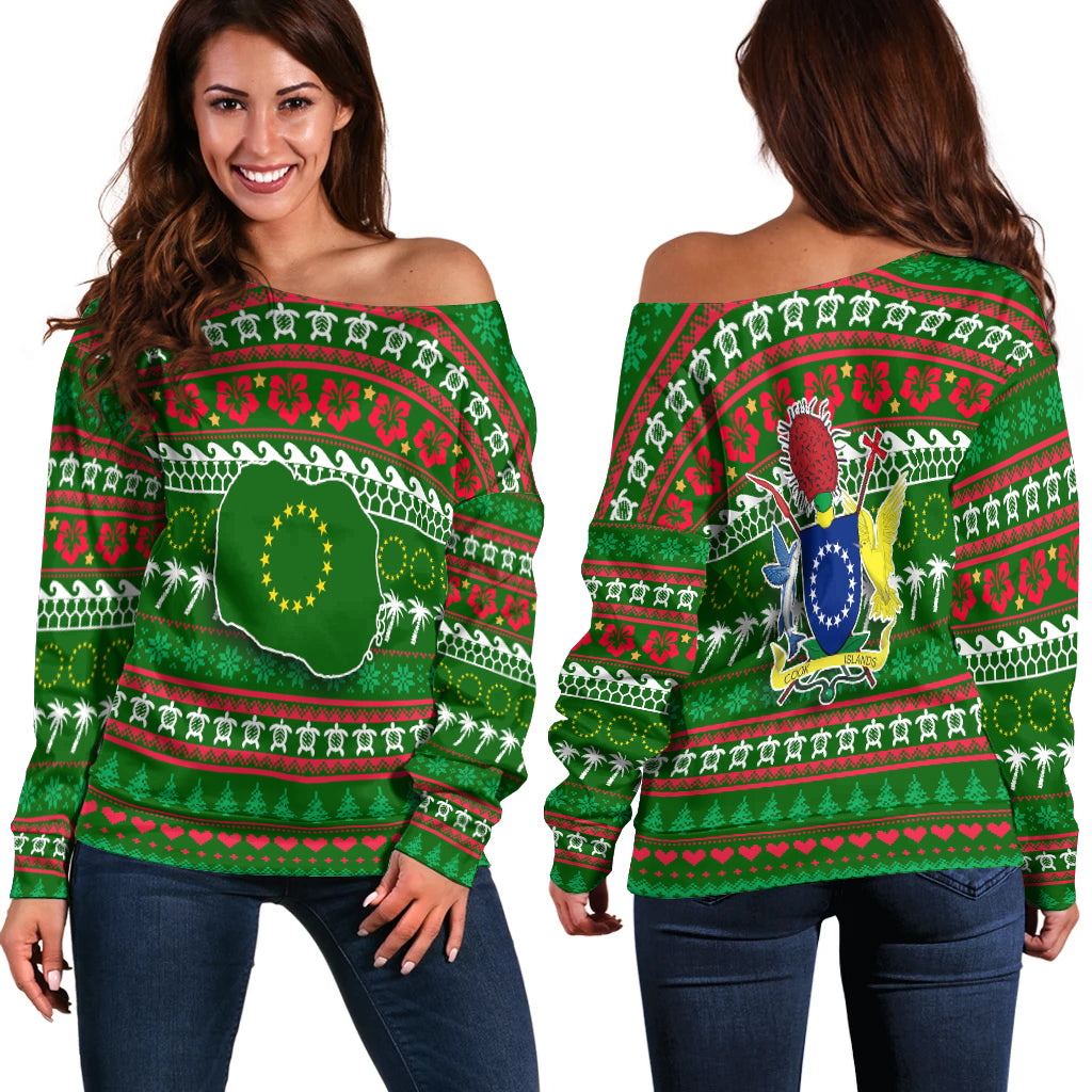 Cook Islands Christmas Women Off Shoulder Sweater - Ugly Christmas - LT12 Green - Polynesian Pride