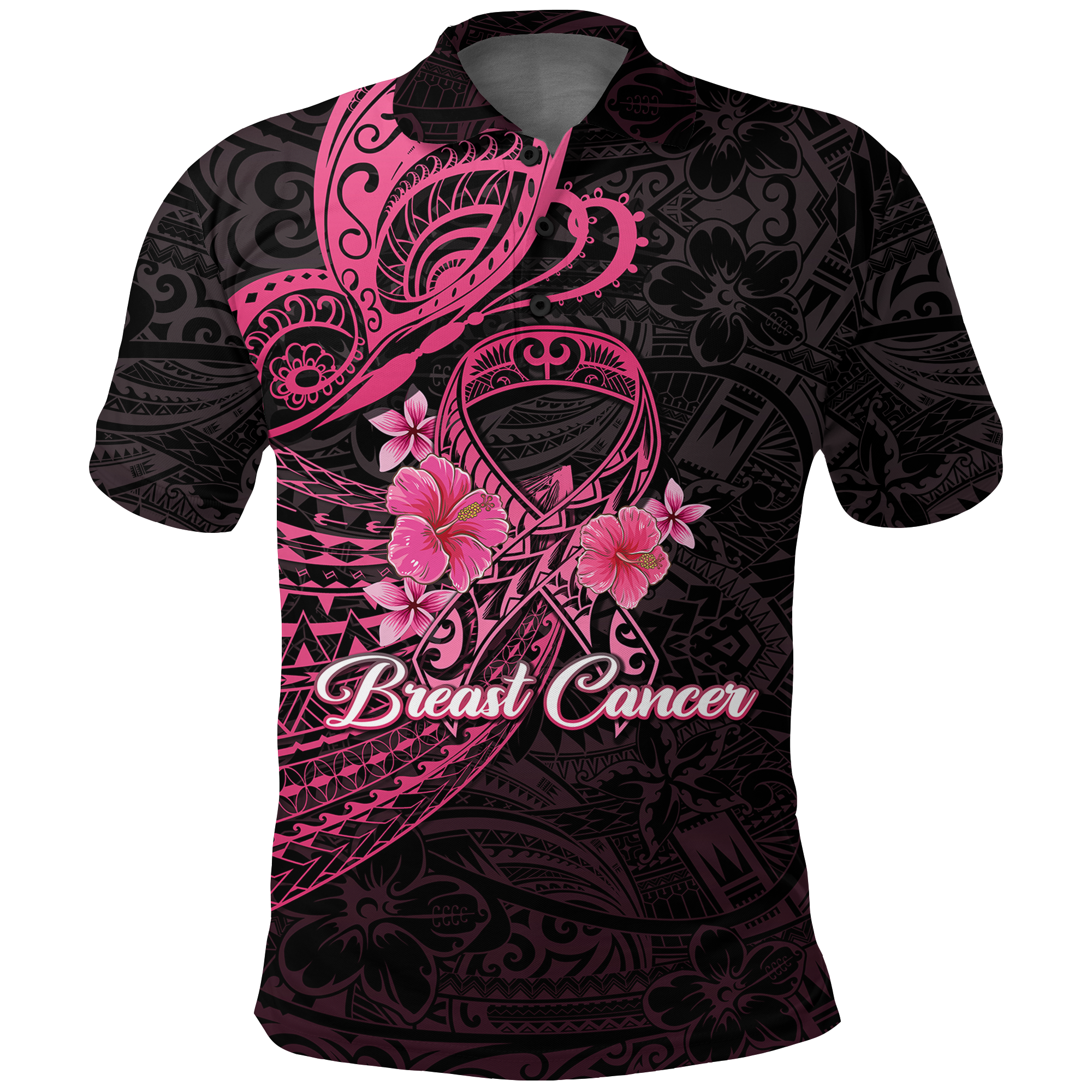 Custom Breast Cancer Pink Ribbon Butterfly Polynesian Black Version Polo Shirt LT12 Unisex Black - Polynesian Pride