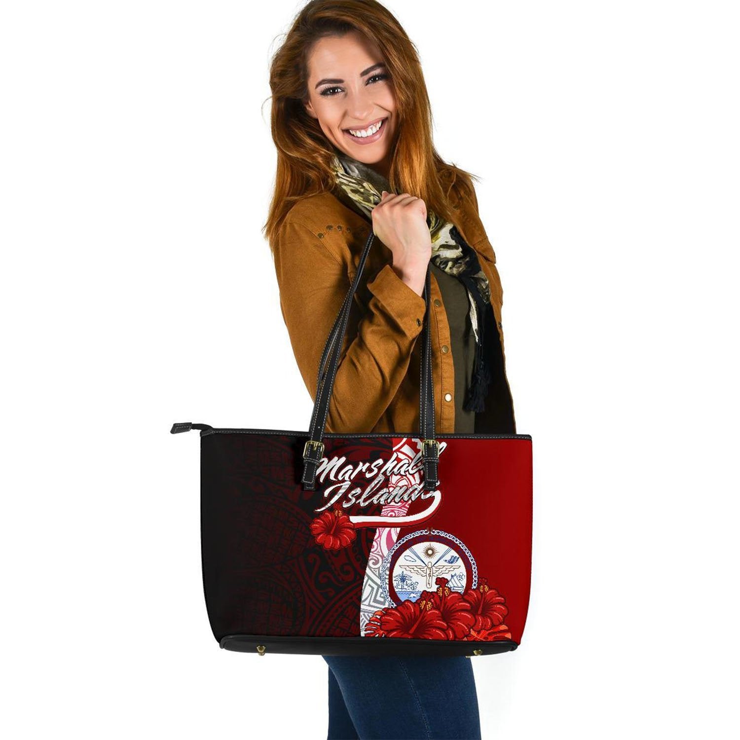 Marshall Islands Polynesian Leather Tote Bag - Coat Of Arm With Hibiscus Red - Polynesian Pride