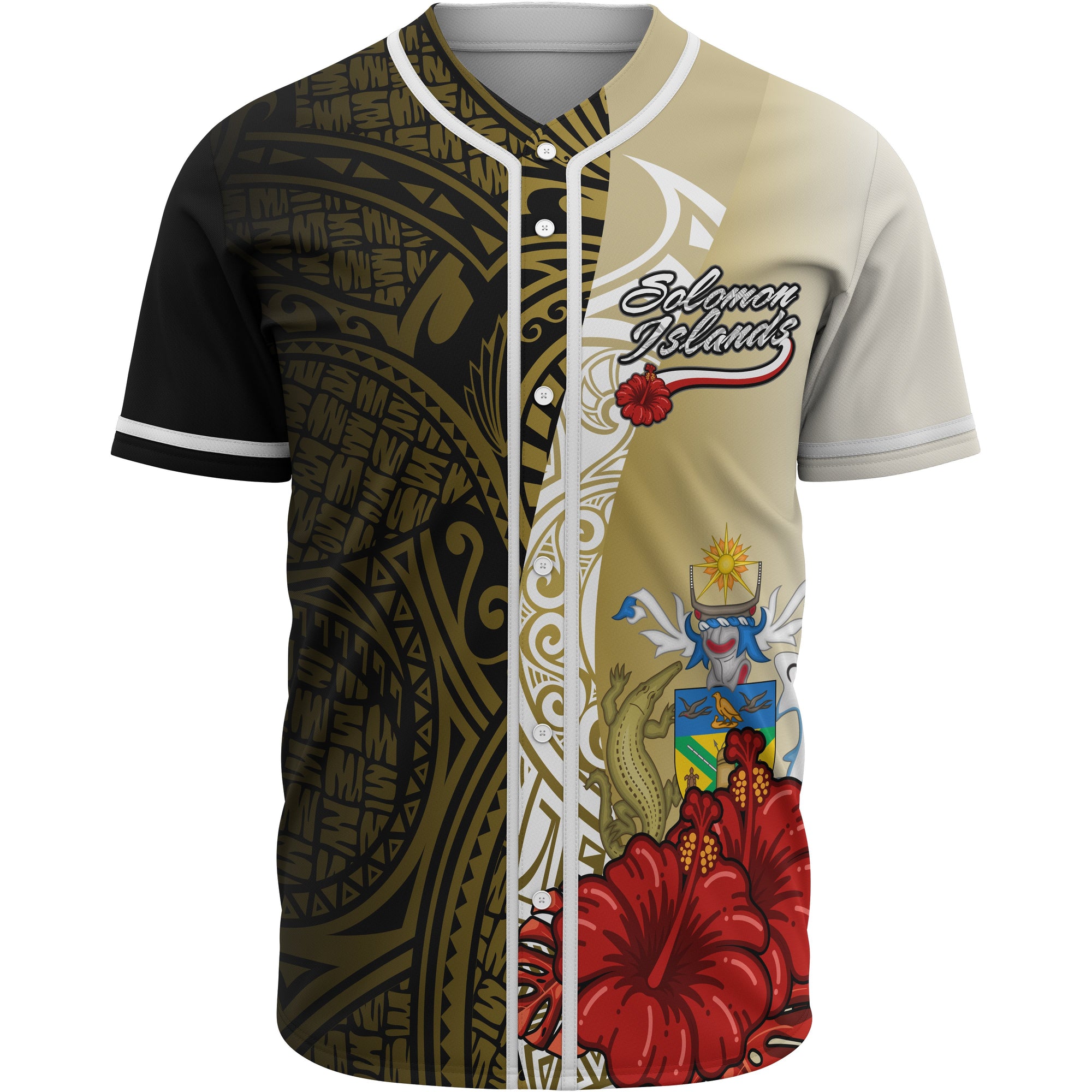 Solomon Islands Polynesian Baseball Shirt - Coat Of Arm With Hibiscus Gold Unisex Gold - Polynesian Pride