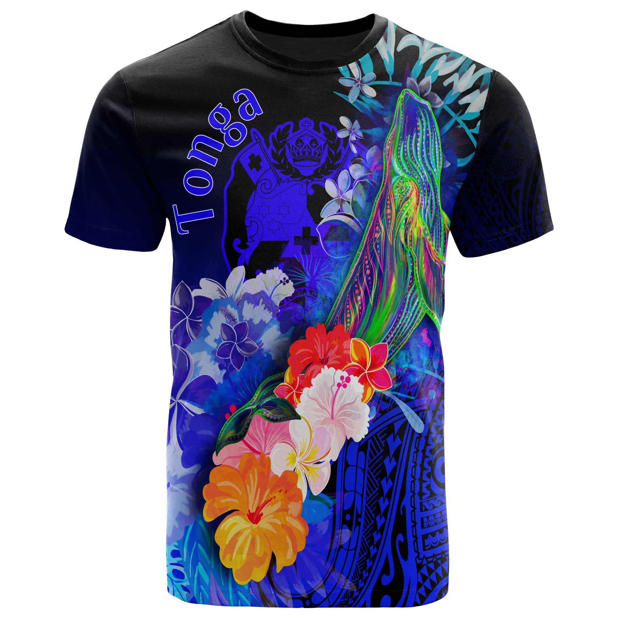 Tonga T Shirt Humpback Whale with Tropical Flowers (Blue) Unisex Blue - Polynesian Pride