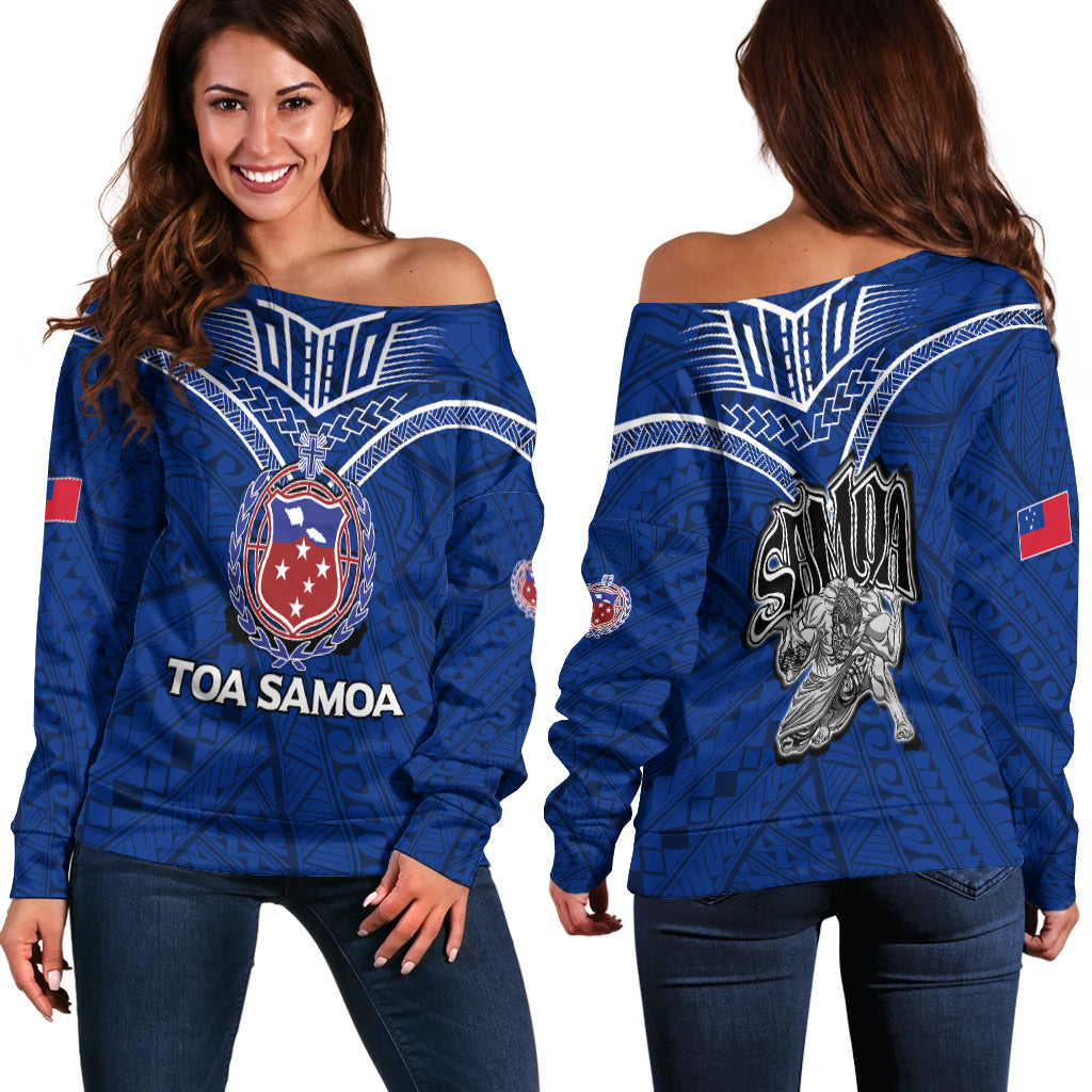 Toa Samoa Rugby Women Off Shoulder Sweatshirt - Samoan Warrior Pride - LT12 Women Off Shoulder Sweater Blue - Polynesian Pride