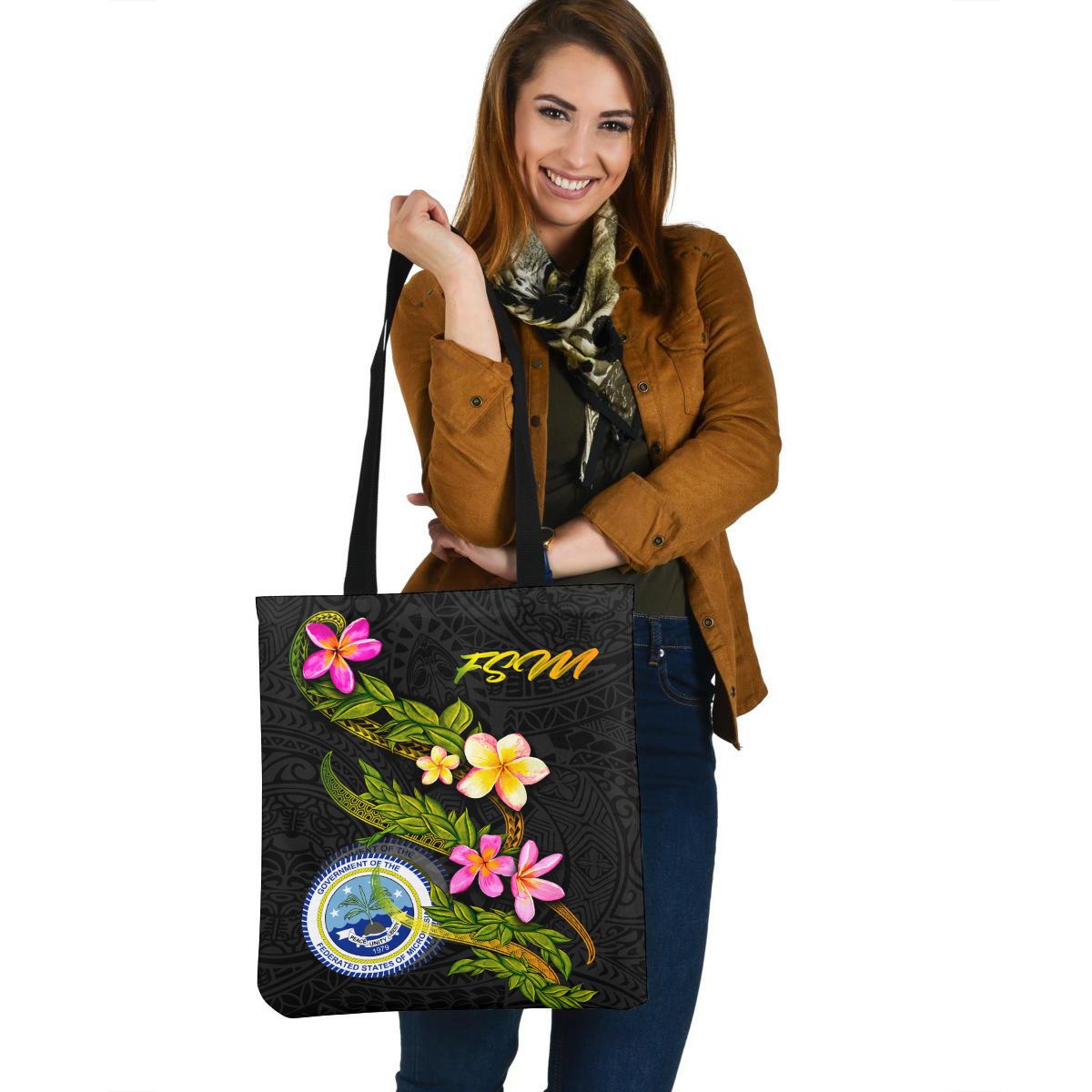 Federated States Of Micronesia Polynesian Tote Bag - Plumeria Tribal Tote Bag One Size Black - Polynesian Pride