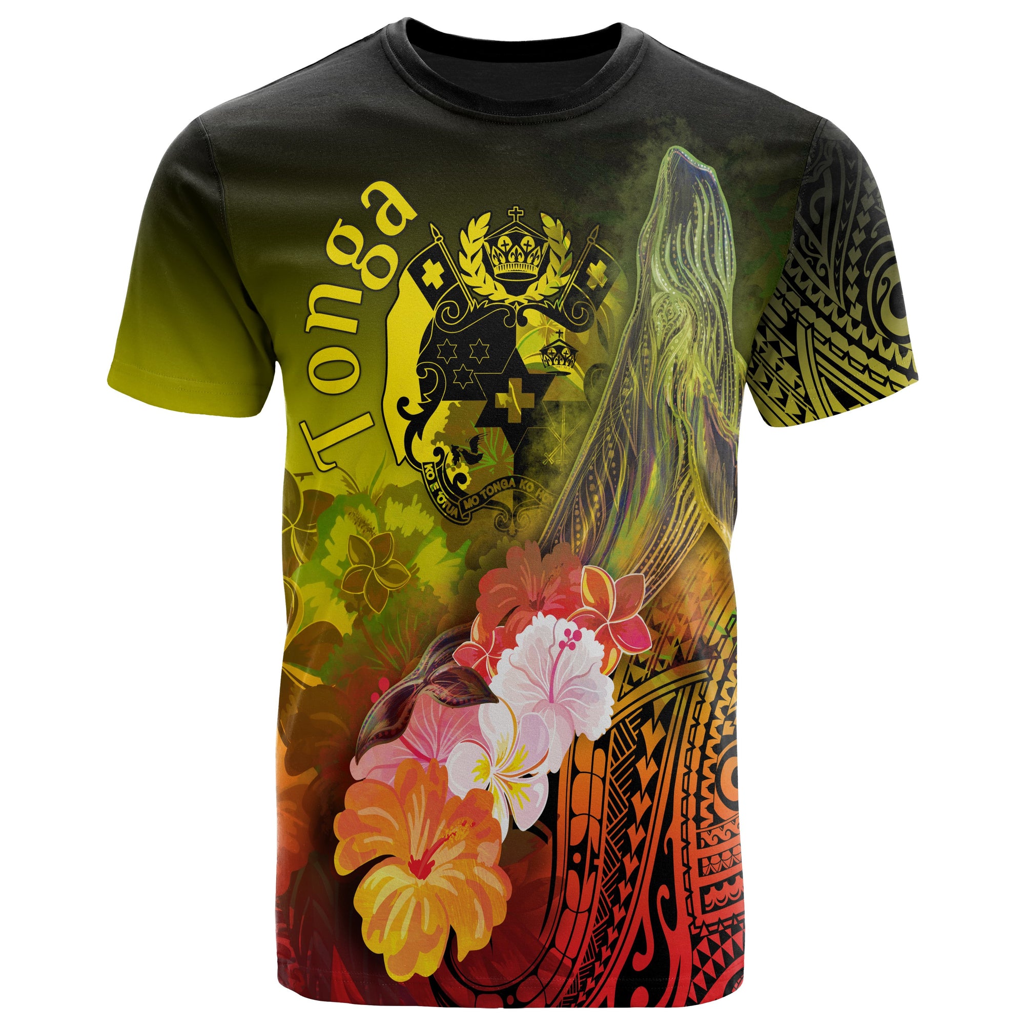 Tonga T Shirt Humpback Whale with Tropical Flowers (Yellow) Unisex Yellow - Polynesian Pride