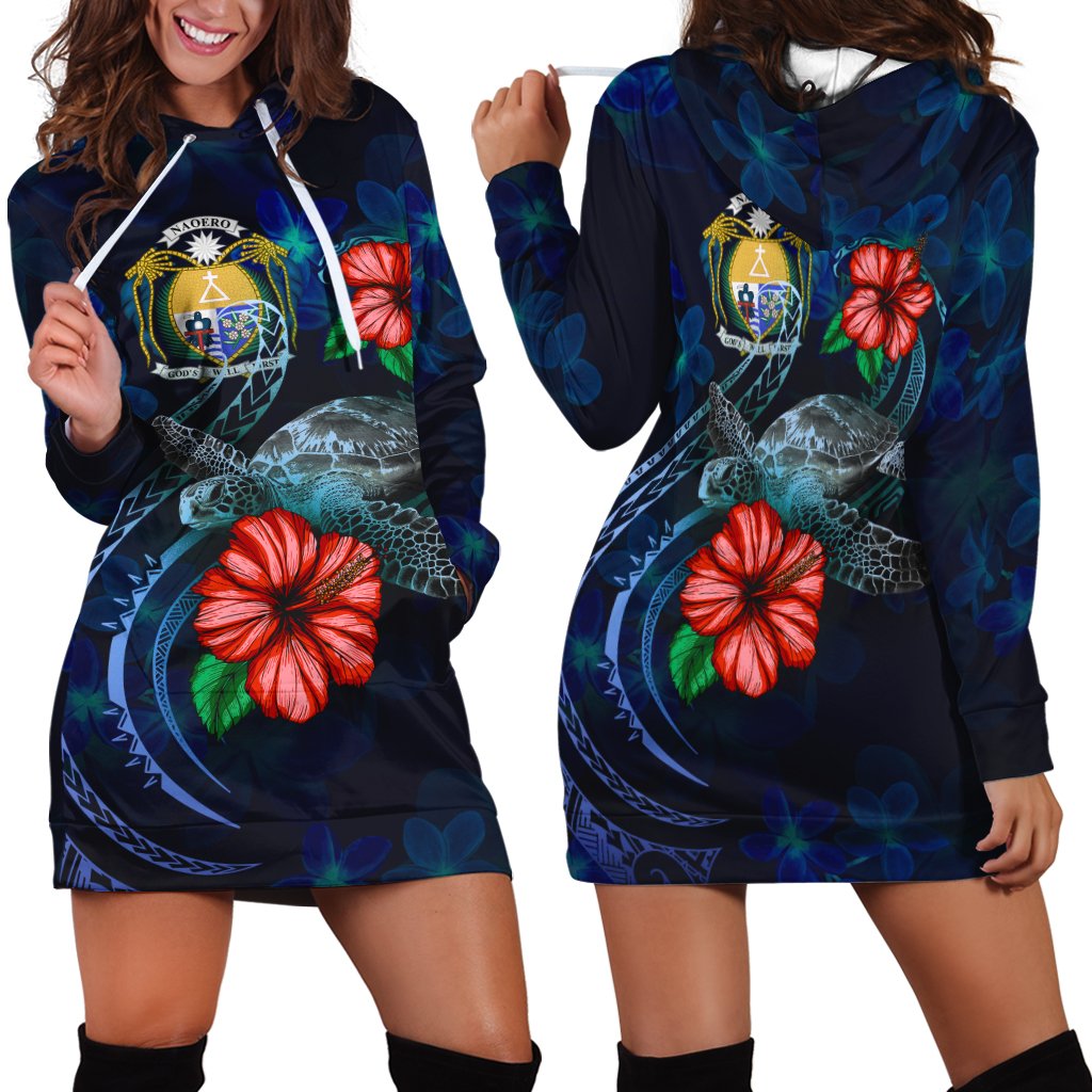 Nauru Polynesian Hoodie Dress - Blue Turtle Hibiscus Blue - Polynesian Pride