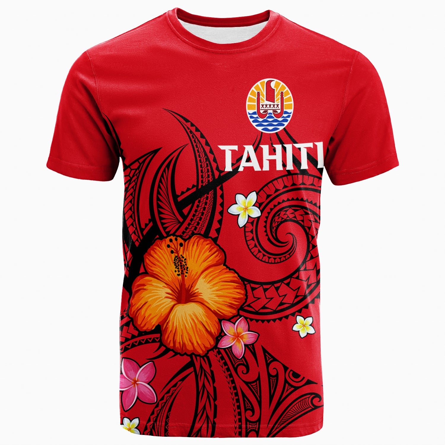 French Polynesia T Shirt Hibiscus With Tribal LT12 Unisex Red - Polynesian Pride