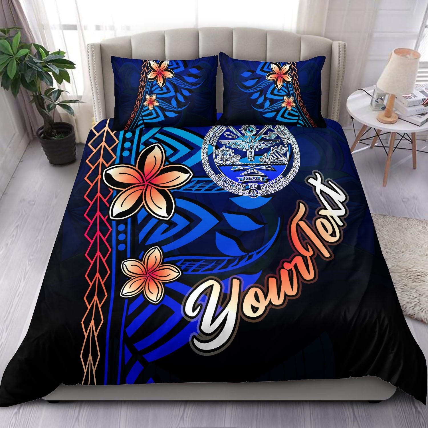 Marshall Islands Custom Personalised Bedding Set - Vintage Tribal Mountain Crest Blue - Polynesian Pride