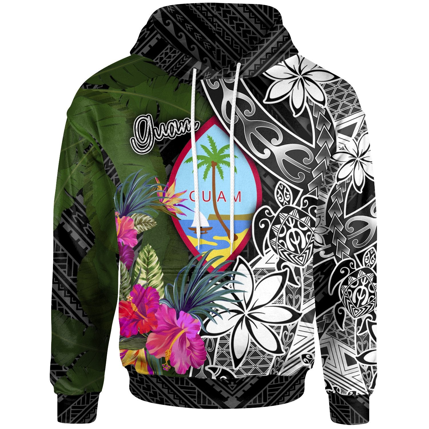 Guam Hoodie Turtle Plumeria Banana Leaf Unisex Black - Polynesian Pride